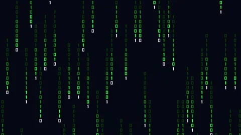 Binary digits 1 and 0 falling in vertical matrix style digital data stream 스톡 동영상 345659465