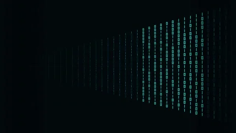 Binary digits 1 and 0 moving in a perspective grid on dark digital background Stock Footage 345659470