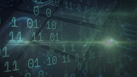 Binary digits and panels drifting, green streak moving right revealing code, Stock Footage 328229749