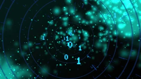 Binary digits and particles appearing center, expanding and pulsing across Stock Footage 332404859