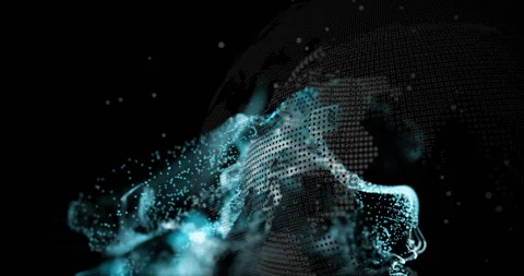 Binary digits and turquoise clusters flowing across dark void, forming Video stock 309092864