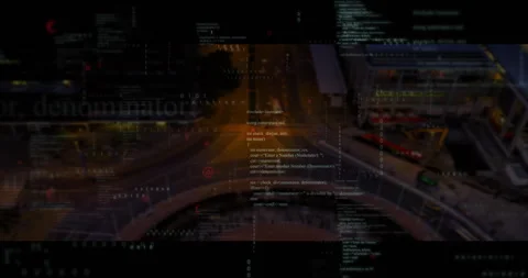 Binary digits appearing above junction at start, code panels sliding, scrolling Stock Footage 312467390