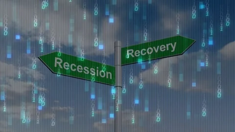 Binary digits appearing and cascading over signpost with green arrows labeled Stock Footage 317660472