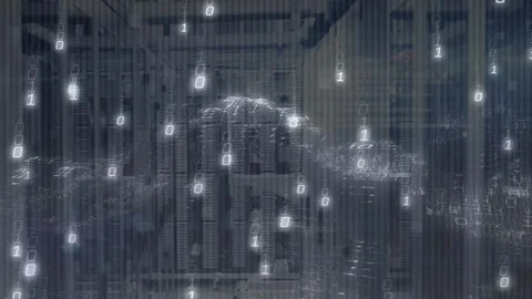 Binary digits appearing and cascading over racks forming data wave flowing right Stock Footage 320067922