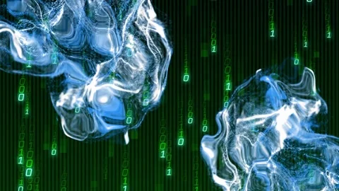 Binary digits appearing and streaming down two translucent blobs entering Stock Footage 329812426