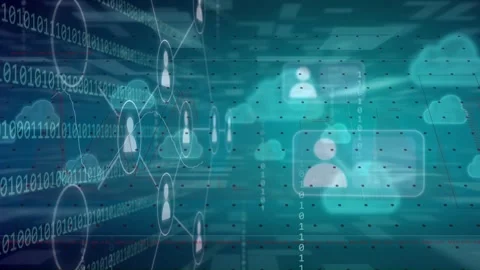 Binary digits appearing, avatar nodes fading and linking to cloud panels, Vídeo Stock 335211491