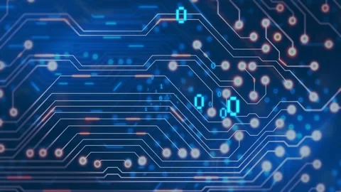Binary digits appearing, circuit pulsing with traces glowing, particles drifting Stock Footage 329506088