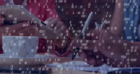 Binary digits appearing, hands showing tablet tapping and pen writing notes for Vídeos de archivo 328245956
