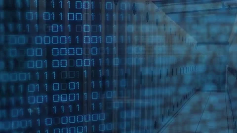 Binary digits appearing over server corridor, scrolling while camera drifting Stock Footage 317593184