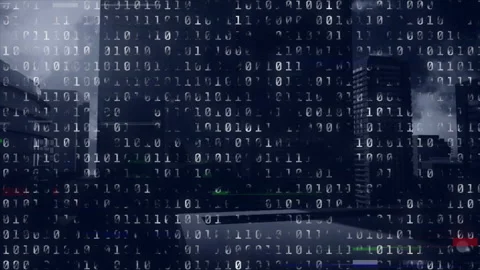 Binary digits appearing over towers starting code cascade, glitch bars flashing Stock Footage 312361017