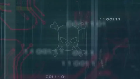 Binary digits appearing sparking skull outline forming through red circuits Stock Footage 313169705