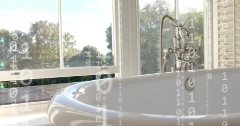 Binary digits appearing, teal avatars forming floating network over bathtub rim, Stock Footage 320955851