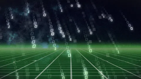 Binary digits appearing at top and drifting over green wireframe grid Stock Footage 309873148