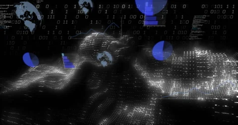 Binary digits cascading, data wave mesh waving, globe icons appearing, charts Stock Footage 310429449