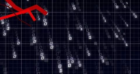 Binary digits cascading down grid starting red line graph dipping then rising, Stock Footage 325774810