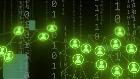 Binary digits cascading, green user nodes linking and pulsing, panels drifting Stock Footage 334768472