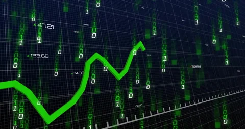 Binary digits cascading on grid starting line graph extending dipping rising Stock Footage 309687493