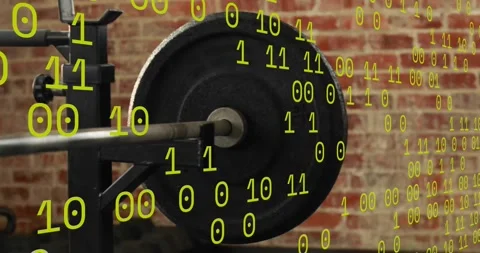 Binary digits cascading initiating camera panning unveiling barbell on squat Stock Footage 317773518