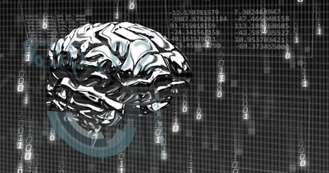 Binary digits cascading, metallic brain rotating, shifting, charts appearing, Stock Footage 328684268