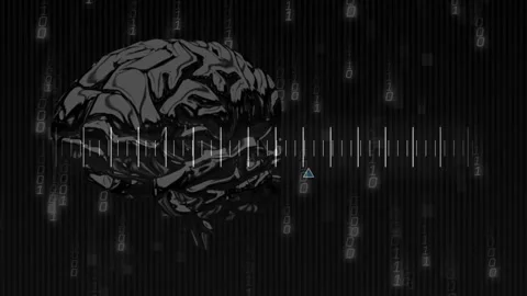 Binary digits cascading starting metallic brain rotating, pulsing waveform and Stock Footage 312408070