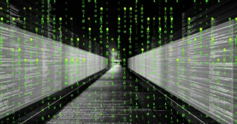 Binary digits cascading then camera gliding forward through 3D code tunnel Stock Footage 317206874