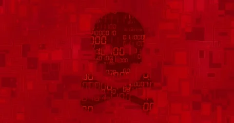 Binary digits cascading, tiles jittering, skull-and-crossbones glyph emerging in Stock Footage 331789309