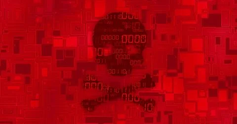 Binary digits cascading, tiles jittering, skull-and-crossbones glyph emerging in 库存插图
