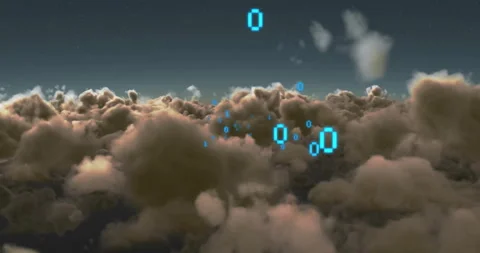 Binary digits cluster appearing above warm cloud deck, camera gliding forward Stock Footage 310150851