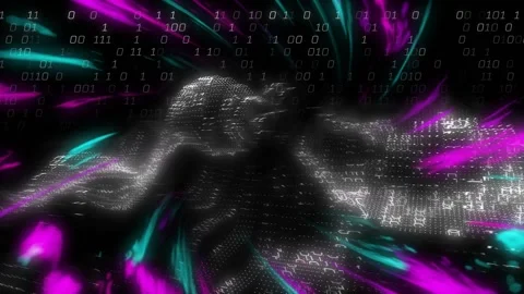 Binary digits coalescing and magenta-teal streaks swirling forming 3D wave Stock Footage 316625171