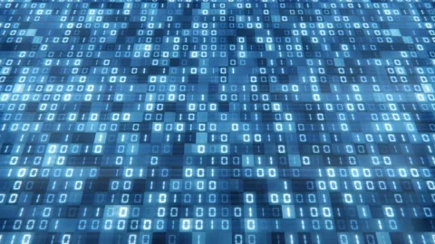 Binary digits code stream transferring on a blue mainframe screen, 4k loop Stock Footage 219820369
