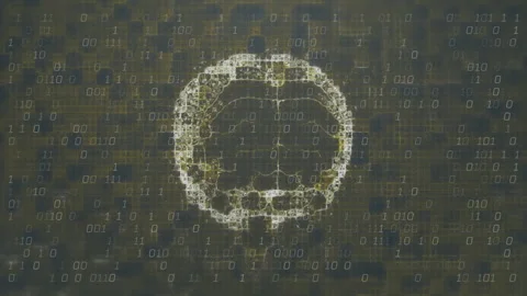 Binary digits converging into glowing brain, circuits pulsing and rotating, Stock Footage 314529778