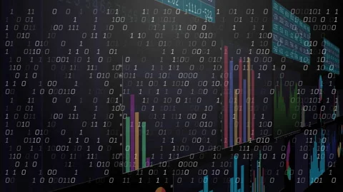 With binary digits drifting camera panning digital dashboard revealing bar Stock Footage 309893312