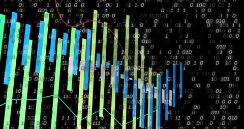 Binary digits drifting causing bars growing and shrinking while lines tracking Stock Footage 312361379