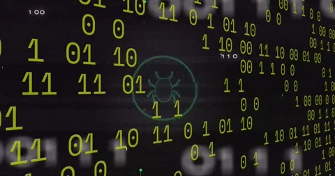 Binary digits drifting starting circuit lines weaving around pulsing bug icon Stock Footage 317115777
