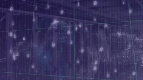 Binary digits drifting violet racks building into glowing waveform forming code Stock Footage 326193068
