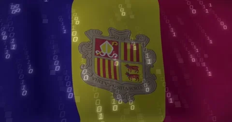 Binary digits emerging left side and cascading across waving Andorran flag Stock Footage 317465785