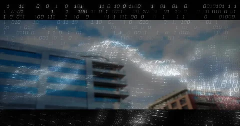 Binary digits fading in and swirling into wave traveling across building Stock Footage 312467405