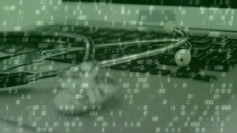 Binary digits fading in shifting focus from laptop keys to stethoscope Stock Footage 312415608
