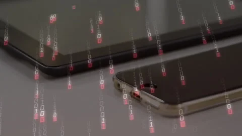 Binary digits falling over tablet as smartphone sliding in, smartwatch aligning Stock Footage 310670827
