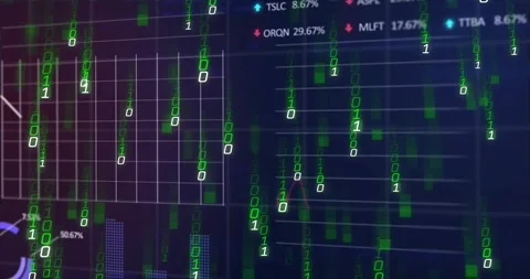 Binary digits falling, starting data stream, overlaying finance charts and Stock Footage 333902813