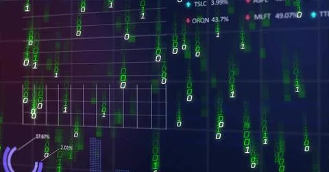 Binary digits falling, starting data stream, overlaying finance charts and Stock Illustration