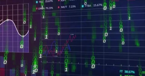 Binary digits falling, starting data stream, overlaying finance charts and Stock Illustration
