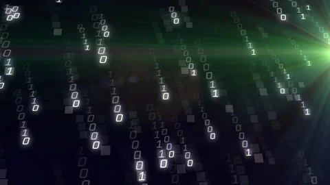 Binary digits falling upon screen opening, lens flare pulsing showing data flow Stock Footage 317119210