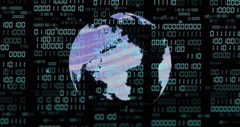Binary digits flickering and starting globe rotating clockwise, revealing map Stock Footage 328396384