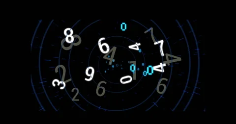 Binary digits flickering to expand core, decimals orbiting and fading outward Video stock 314084919