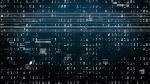 Binary digits floating across dark gradient in flat design showing glitch lines Stock Footage 308657583