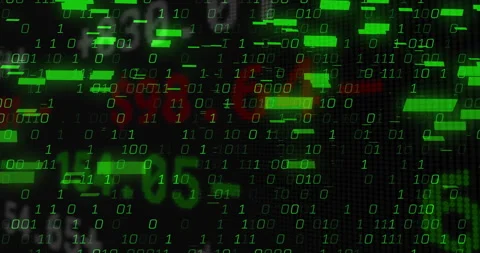 Binary digits floating across dark pixel grid, showing glitch bars, red Stock Footage 309286728