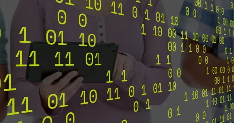 Binary digits flowing driving users tapping swiping and scrolling in tech demo Stock Footage 312829200