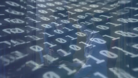 Binary digits flowing initiating tech analysis as woman typing laptop and man Stock Footage 312229491