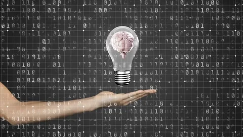 Binary digits flowing starting arm entering, lightbulb descending rotating brain Stock Footage 328715698